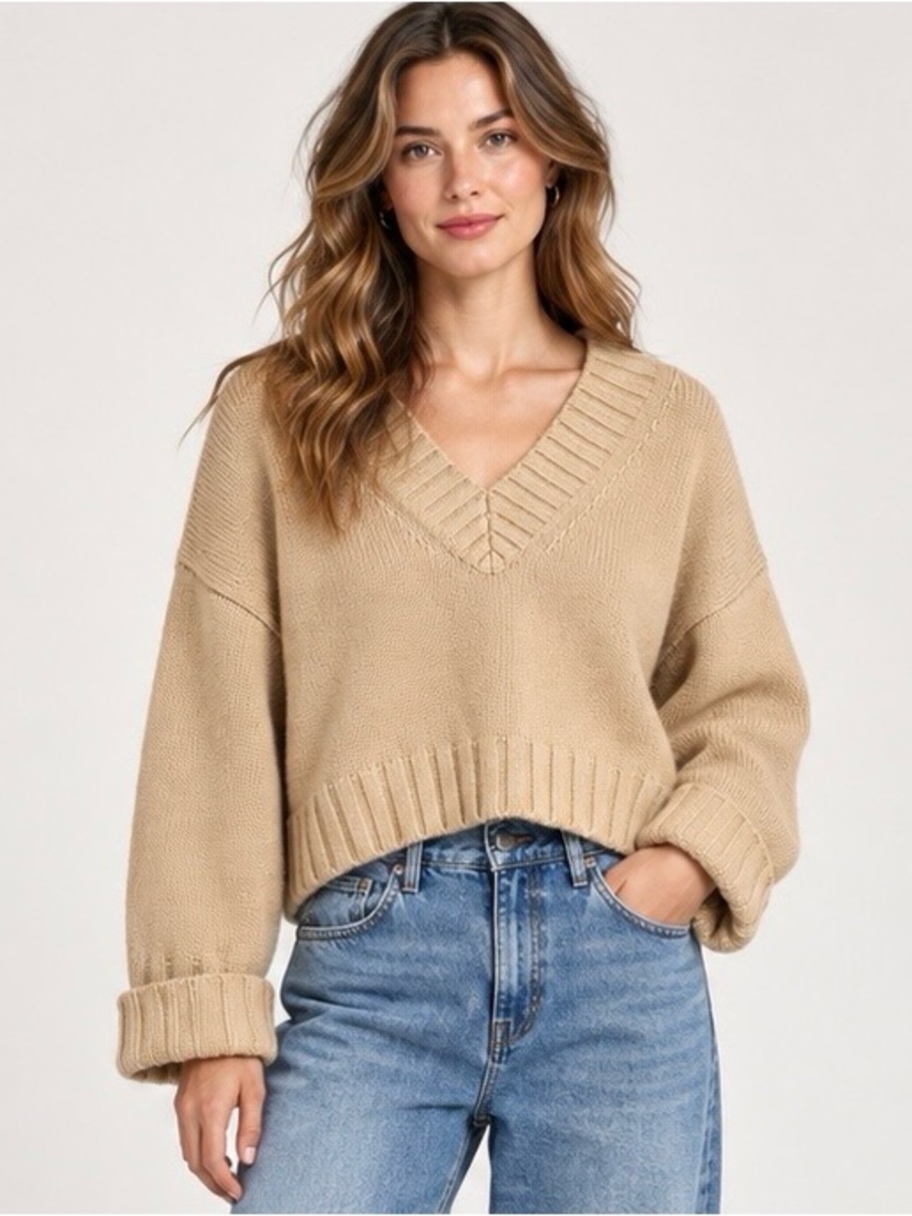 Banana Republic Wool Alpaca V-Neck Cropped Sweater Cream XL Oversized